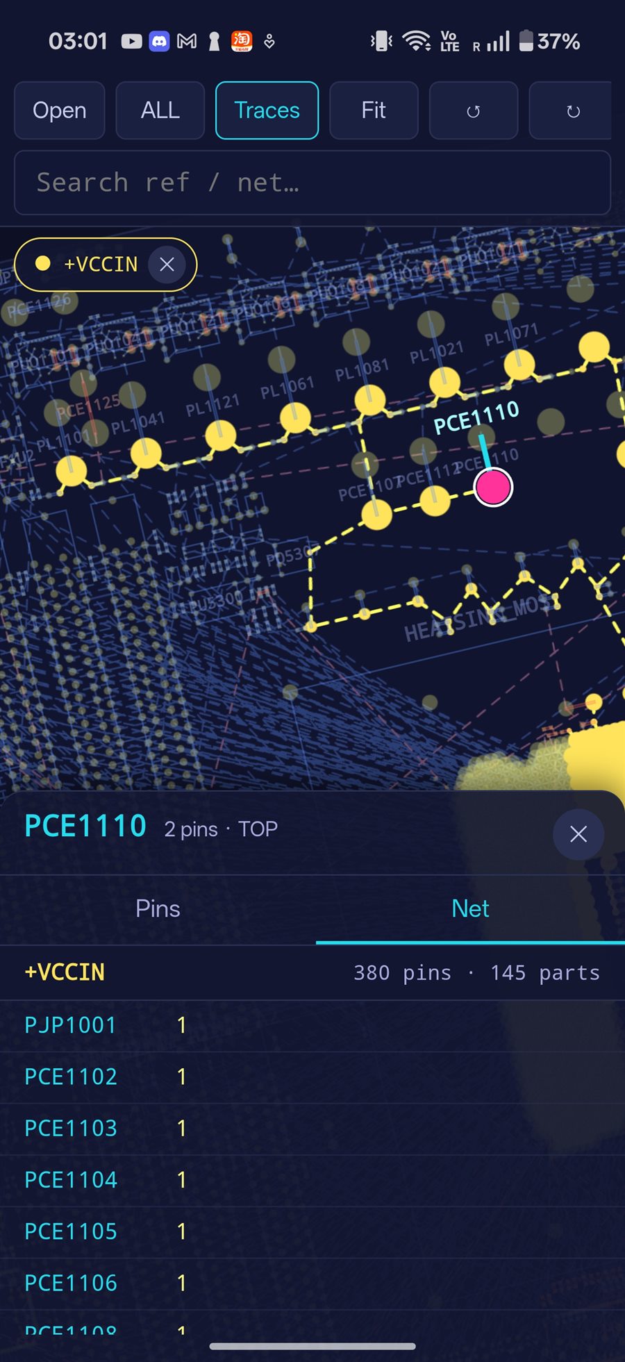 Mobile boardview screenshot showing a highlighted PCB trace and net list