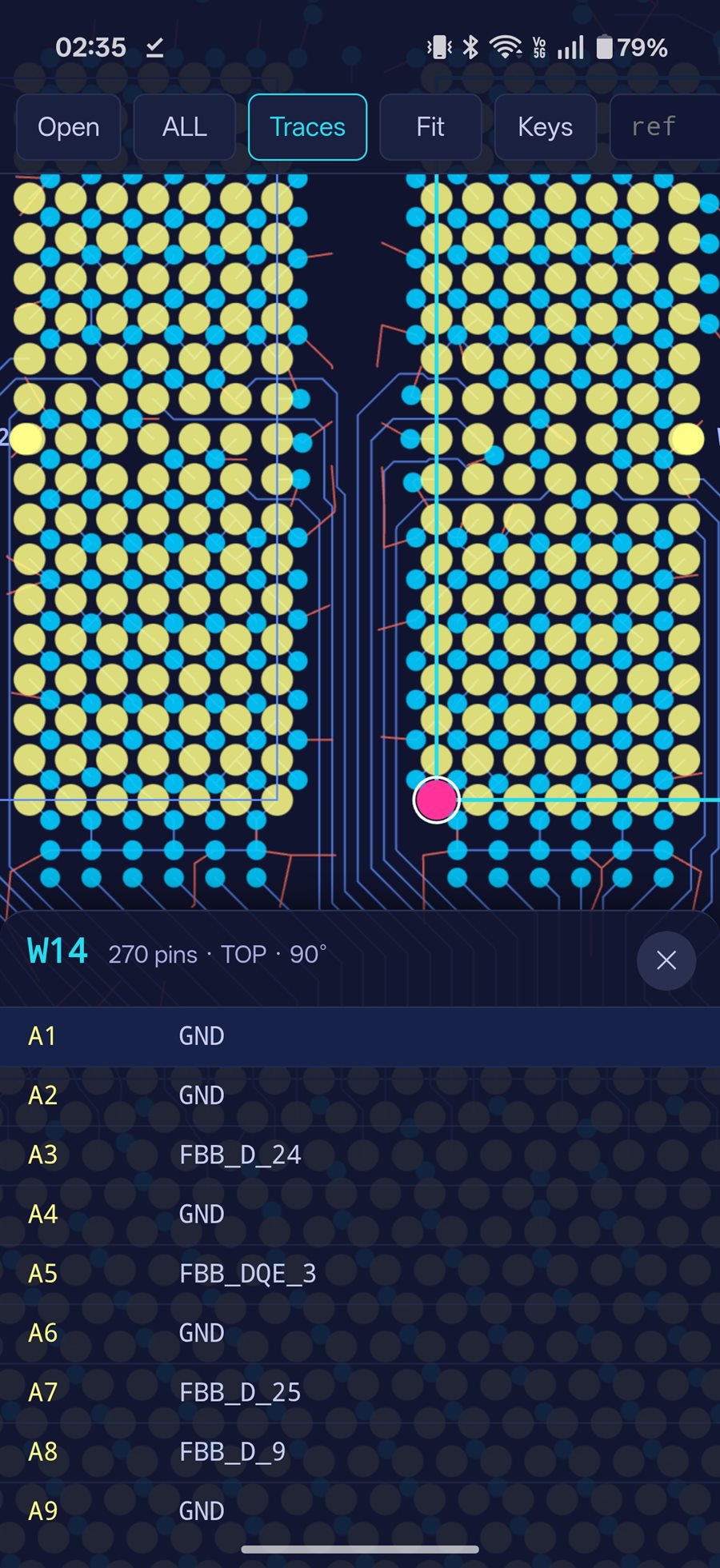 Mobile boardview screenshot showing BGA pins and pin-to-net rows