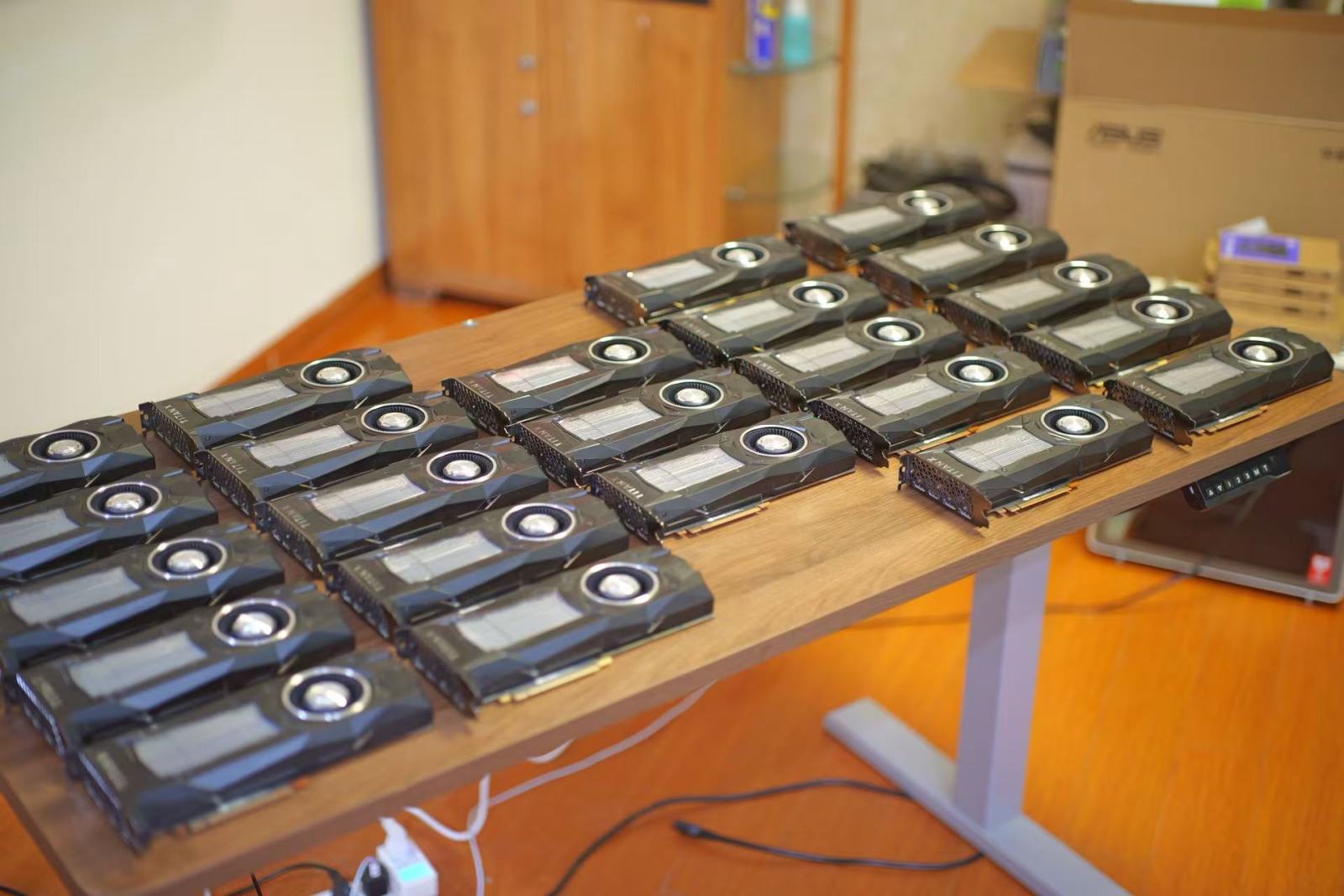 Rows of Titan Xp graphics cards prepared for binning
