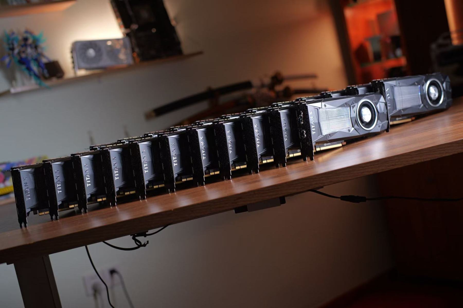 A long row of Titan Xp graphics cards prepared for testing
